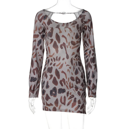 YESMYTOOL  -  Leopard Printed Backless Short Dress  Spicy Girl 2024 Autumn New Long Sleeve Crew Neck Hip Wrapped Vestidos Party Clubwear