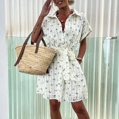 YESMYTOOL  -  2024 Fashion Short Sleeved Pocket Party Dress Office Ladies Elegant Floral Print A-line Dress Casual Lapel Lace Up Summer Dress