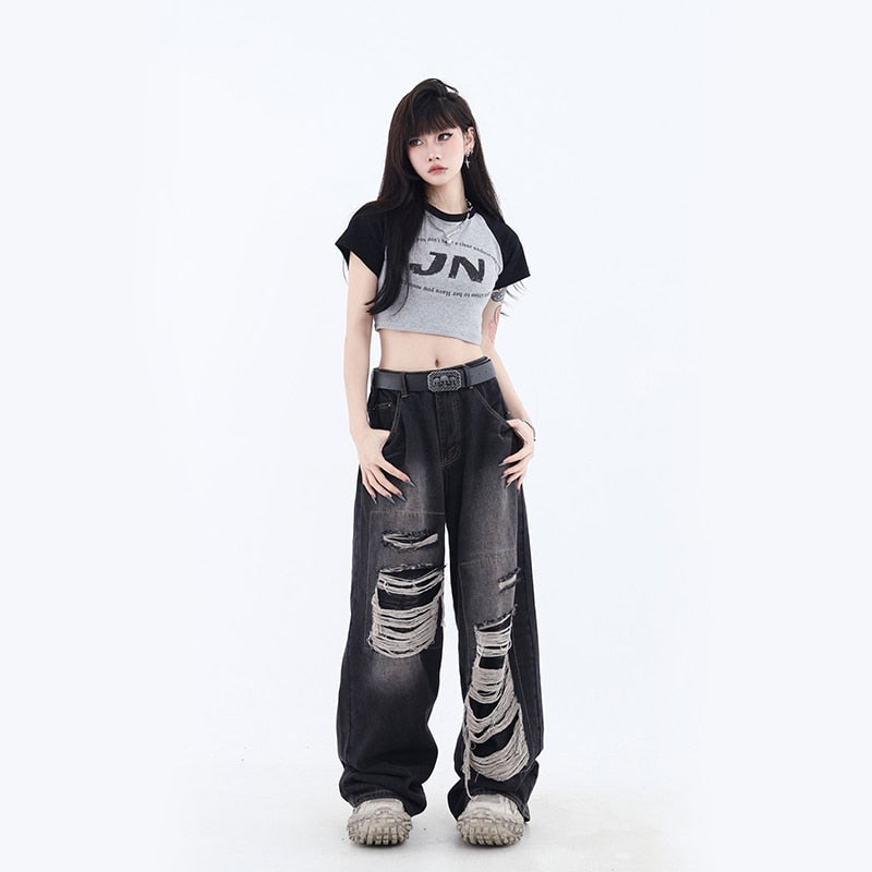 Y2K Vintage Black Hole Women Jeans Bf Summer Blue High Waist Hip Hop Loose Wide Leg Pants Korean Solid Straight Denim Pants New