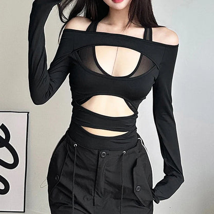 Y2k Punk Hollow Out Sexy Bodysuits Mall Gothic Bodycon Mesh Sheer T-shirts Women Long Sleeve Patchwork Bodysuit