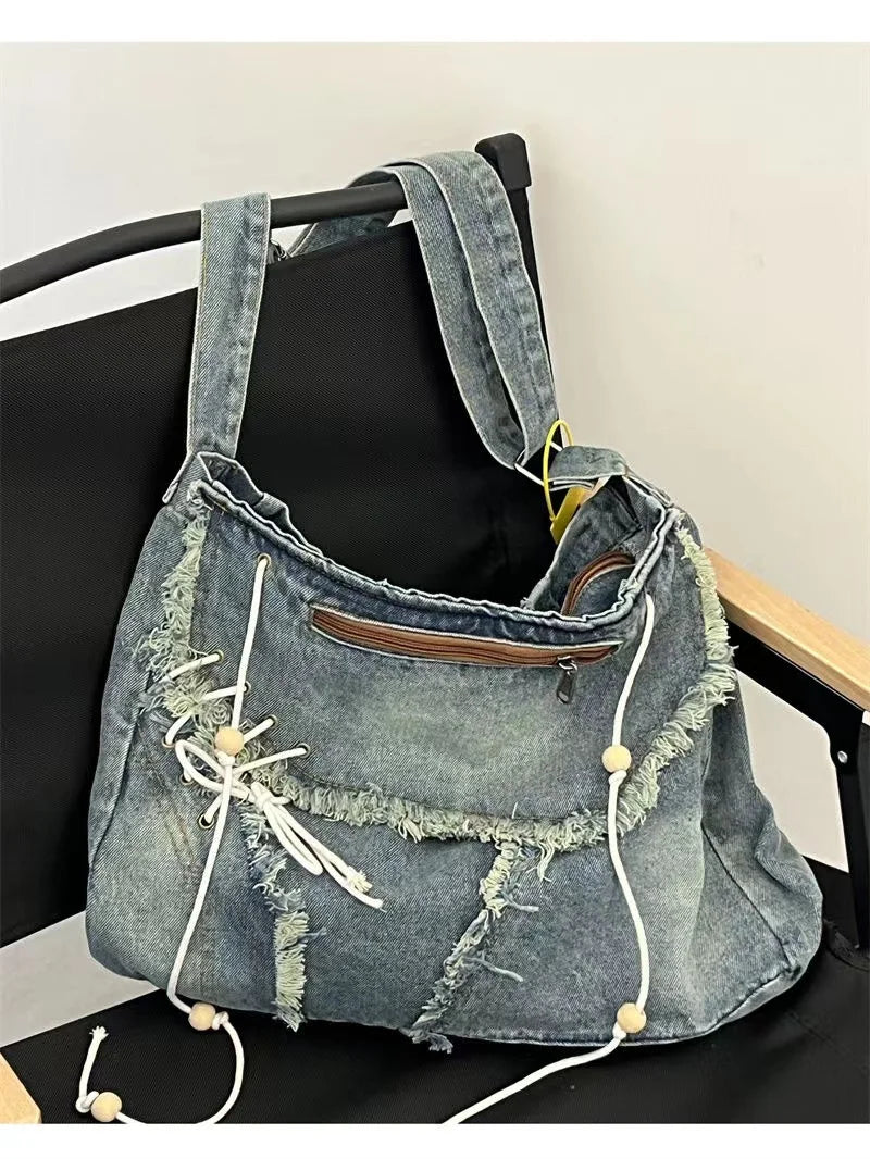 Denim Crossbody Bag Women Y2k Grunge Vintage Aesthetic Tassel Casual Messenger Bag Female Harajuku Retro Solid Handbag