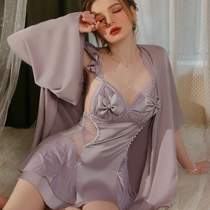 YESMYTOOL  -  Sexy Deep V Satin Lace Backless Women's Nightdress Robe Suit Tempt Nightgowns With Chest Pad Bride Maid Gress Pajama Sleepwear