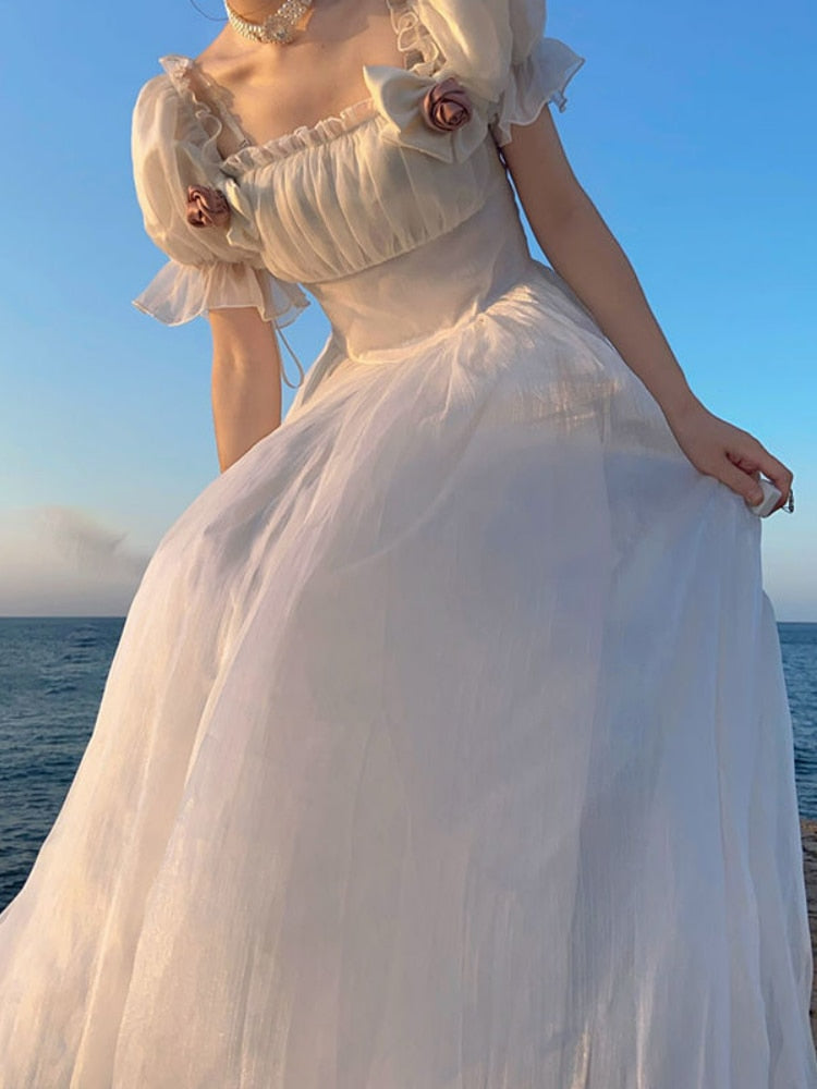 French Elegant Princess White Dress Women Sexy Backless Sweet Vintage Lolita Dress Female Korean Casual Long Fairy Dresses