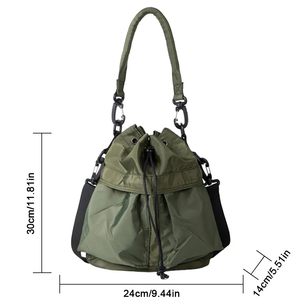 Bucket Bag for Women Nylon Solid Color Crossbody Bag Fashion Drawstring Top-handle Handbag Casual Large Capacity Commute Bag