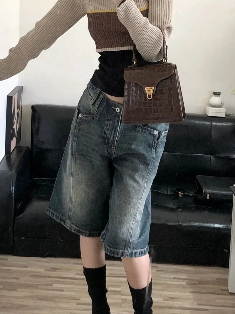 American Retro Blue Denim Shorts Women Korean Style High Waist Biker  Jeans Feminino 2024 Summer Chic Streetwear