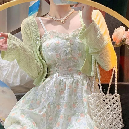 Spring Summer Elegant Y2k Midi Dress Women Casual Lace One Piece Dress Korean Sweet Vintage Floral Dress Party 2 Piece Set