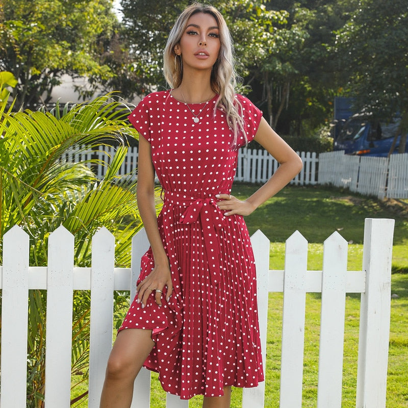 Summer Ladies Dot Print Chic Dress Women O Neck Short Sleeve High Waist Knee Length Bandage Dresses