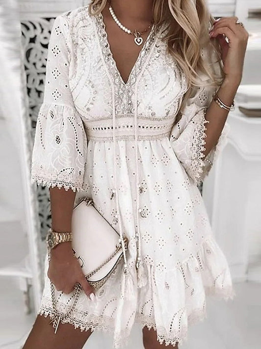 Summer Boho Dress Women Beach Sundress Fashion Embroidery Hollow Out Lace Up Mini Dress Female White Lace Holiday Dress