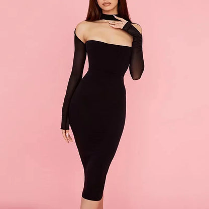 Spring Double Layers Mesh Sexy Dress Women Strapless Long Sleeve Bodycon Midi Dresses Solid Elegant Party Clubwear Female