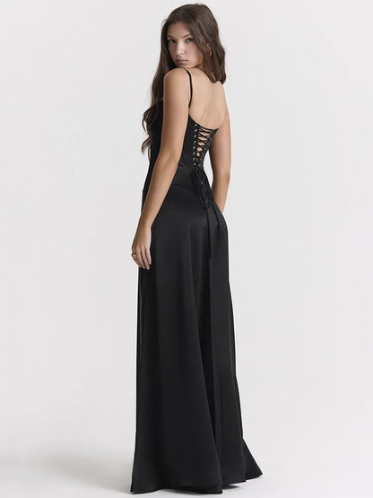 Lace-up Satin Maxi Slipdress Women Black Spaghetti Strap Sleeveless Backless Maxi Dress Femme Club Party Evening Dress