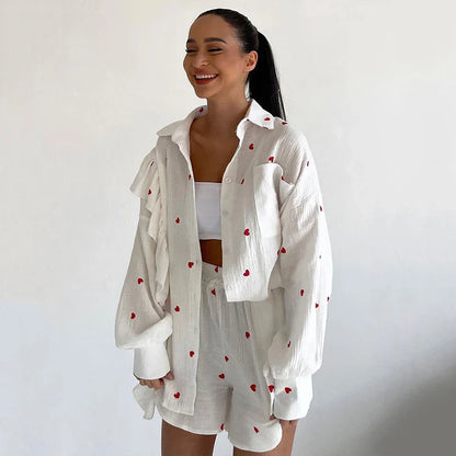 dingdamall  -  Heart Pattern Long Sleeve Blouse Short with Pocket Two Piece Set Fashion Cotton Linen Ruffle Shirt Shorts for Women Summer Suit