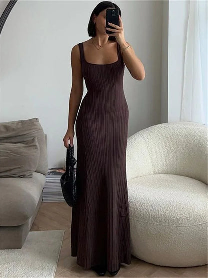 Knit Ribbed Slim Maxi Dress Female Backless Scoop Neck Fashion Elegant Party Looks Long Dress Patchwork Knitwear Dress