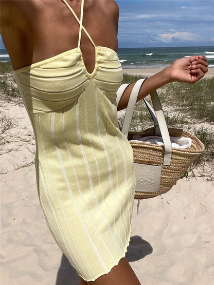 Strapless Knit Mini Dresses Women Off-Shoulder Stripe Knitting Bodycon Dress Summer Beach Party Halter Club Streetwear