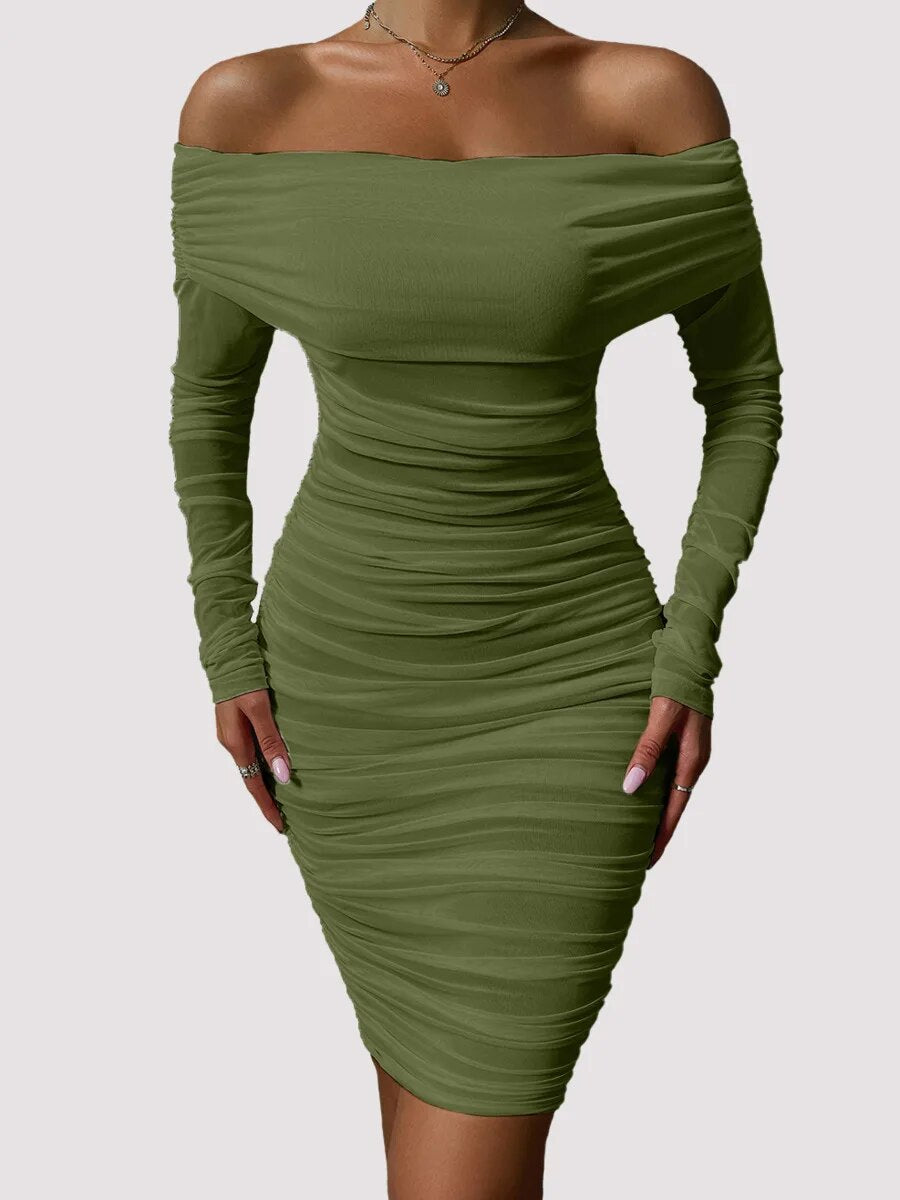 Shoulder Mesh Party Dress Women Clothing Sexy Club Backless Ruched Bodycon Dresses Long Sleeves Autumn Vestidos