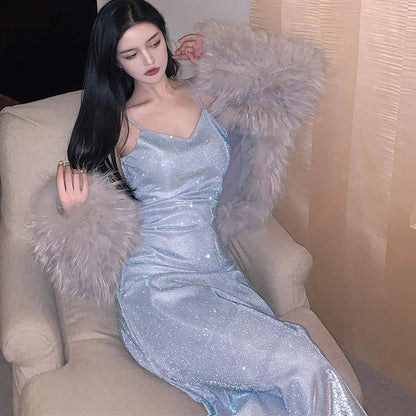 Elegant V-Neck Sparkly Dress Women Korean Fashion Spaghetti Strap Evening Dress Ladies Sexy Sequin Off Shoulder Dress