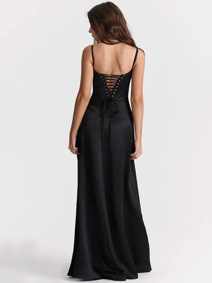 Lace-up Satin Maxi Slipdress Women Black Spaghetti Strap Sleeveless Backless Maxi Dress Femme Club Party Evening Dress