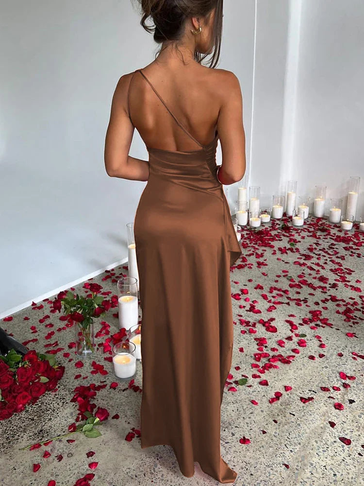 Satin Oblique Shoulder Thigh High Split Maxi Dress Women New Sleeveless Backless Bodycon Sexy Long Dress Elegant