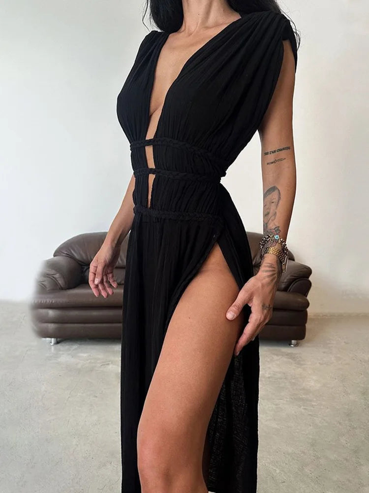 YESMYTOOL  -  Hollow Out Bandage Loungewear Dress, Women Summer Deep V-Neck Fashion Maxi Dress, 2024 Sleeveless Solid Patchwork Ladies Dress