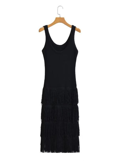 Women Solid Tassel Knitted Dresses Summer Female O-Neck Sleeveless Sheath Strap Dresses Two Colors