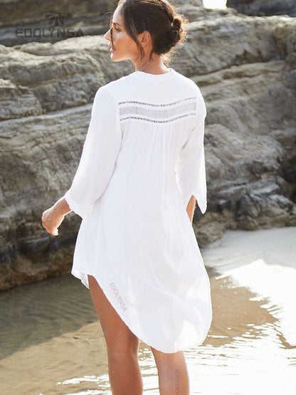 Beach Cover up  White Tunic Woman Bikini Cover-ups Bathing Suit Women Beachwear Swimsuit Cover up Sarong pareo plage dingdamall mid size graduation outfit romantic style teen swag clean girl ideas 90s latina aesthetic