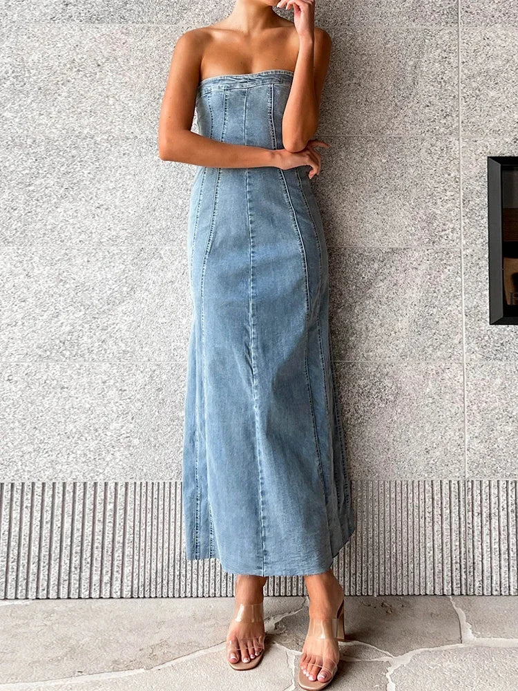 YESMYTOOL  -  Side Slit Denim Bodycon Dress For Women Slim Sleeveless Maxi Dresses Women's Street Sexy Streetwear Woman Autumn 2024 New