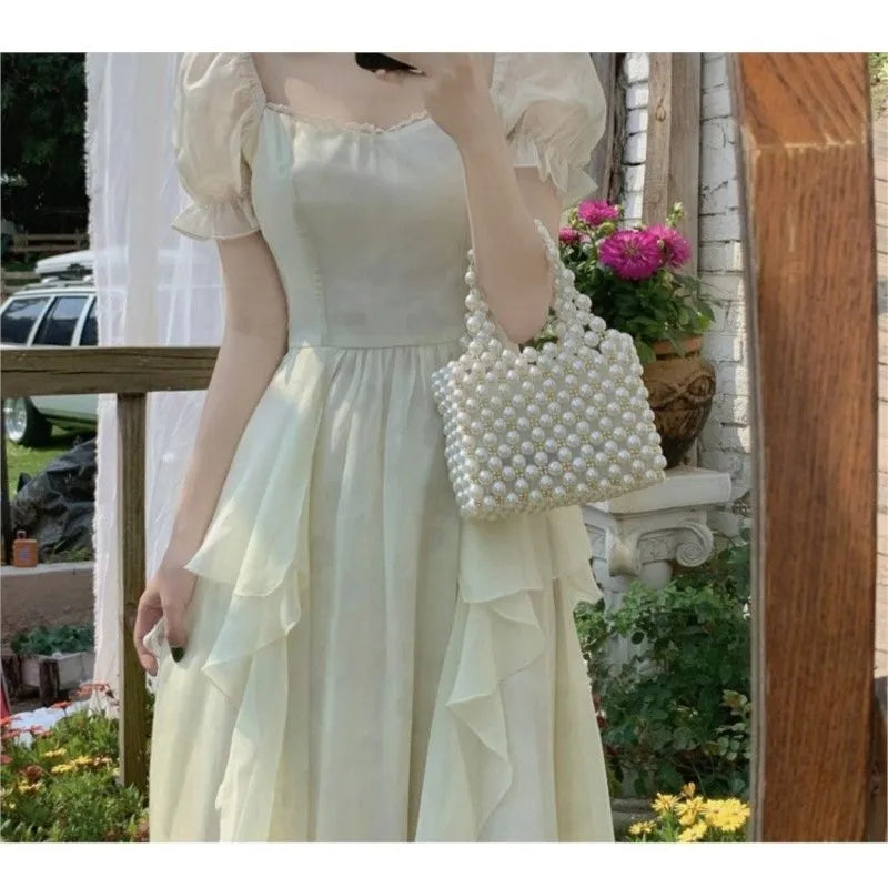 Vintage Fairy Chiffon Long Dress Women White Elegant French Party Midi Dress Puff Sleeve Casual Women's Clothing