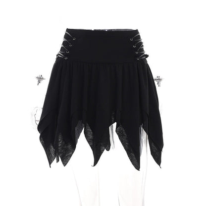 Bandage Side Pointed Hem Mini Skirt Grunge Style Black High Waist A-line Skirt Punk Emo Sexy Women Alternative Bottoms