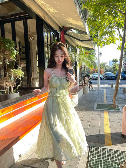 Vintage Sweet Strap Evening Midi Dress for Women Elegant Party Female Fairy Beach Bodycon Dress Korean Fashion Summer Green