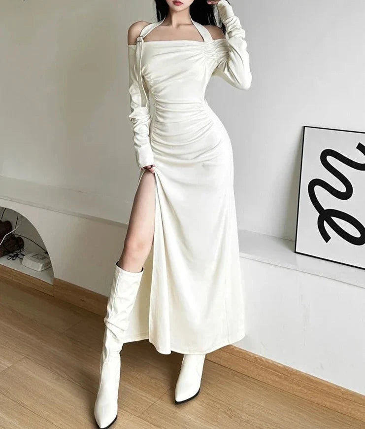 Autumn Evening Party Intellectual Elegant Dignified Mature Sexy Feminine Pure Color Simple Women'S  Long Neck Dress