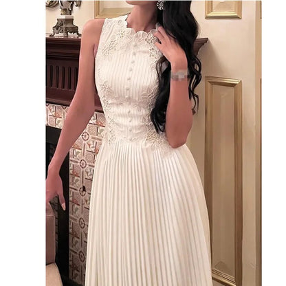 Women New Fashion White Sleeveless Summer Dress Ladies Lace Rose Embroidery Flower Elegant Long Dresses Vestidos