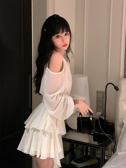 New Fairy Pure Color Short Party Dress Korean Fashion Elegant Mini Dress Woman Design Casual Long Sleeve Dress Female