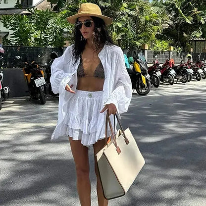 dingdamall  -  High Street White Long Sleeve Shirt Suits Stand Collar Button Top Pleated Shorts Two Piece Sets Beachwear Casual Suits For Women