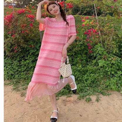 YESMYTOOL  -  Fashion O-Neck Striped Spliced Folds Mermaid Casual Dresses Female Clothing 2024 Summer New Loose Korean Puff Sleeve Midi Dress