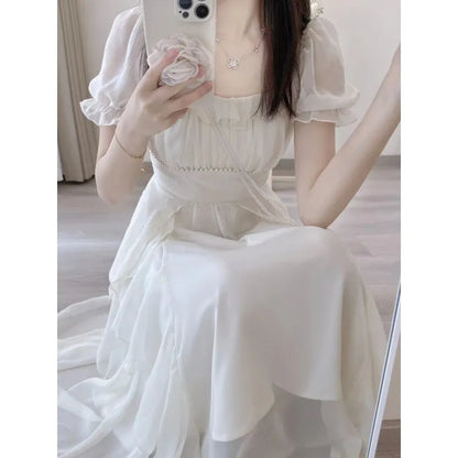 Women's Summer Dress Chiffon Fairy Solid Chic Party Midi Dress  New Korean White Elegant High Waist Slim Long Skirt Y2k