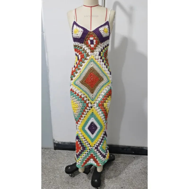 YESMYTOOL  -  Handmade Crochet Knitted Sling Maxi Dress Women  Summer Multi Color Backless Beachwear Bohemian Vacation Vestidos Sundress