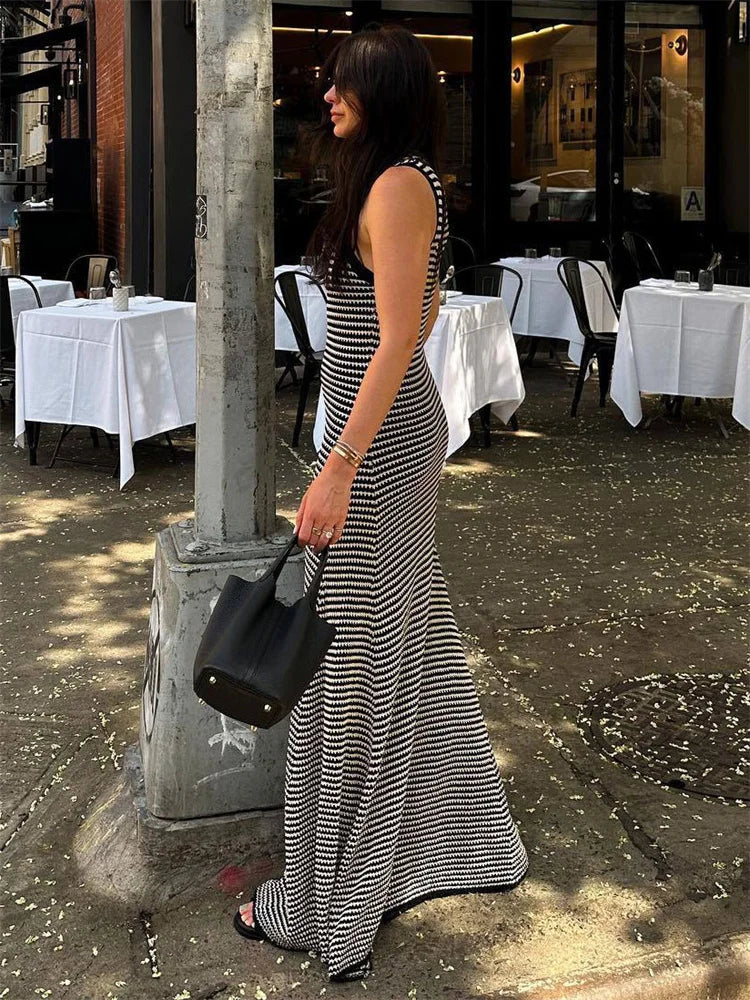 Striped Sleeveless Slim Maxi Dress Female Hollow Out Patchwork Casual Boho Holiday Beach Dress Women's High Waist Dress