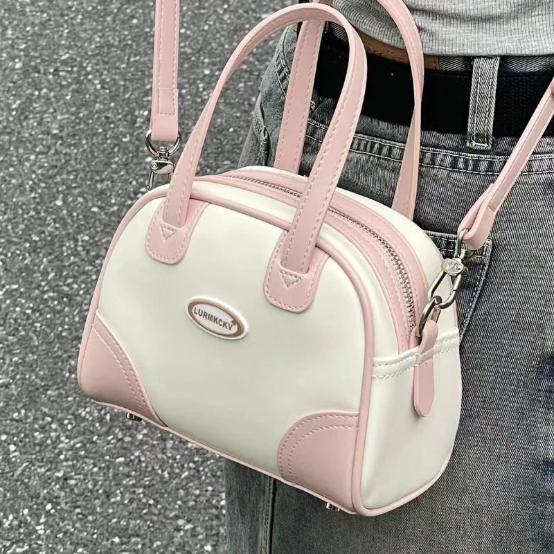 Sweet Cute Handbags for Women Pu Leather Letter Pink White Boston Crossbody Bag New Vintage Elegant Bowling Shoulder Bag