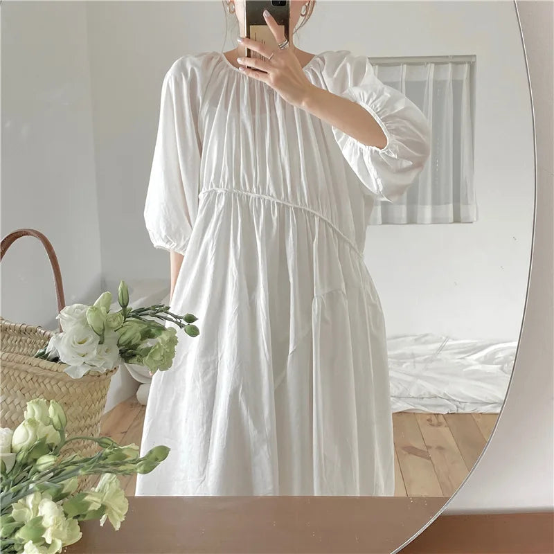 YESMYTOOL  -  Causal Puff Sleeve Cotton Dress Women Round Neck A-line Long Dresses Loose Birthday Party Dress Korean Fashion Beach Sundress