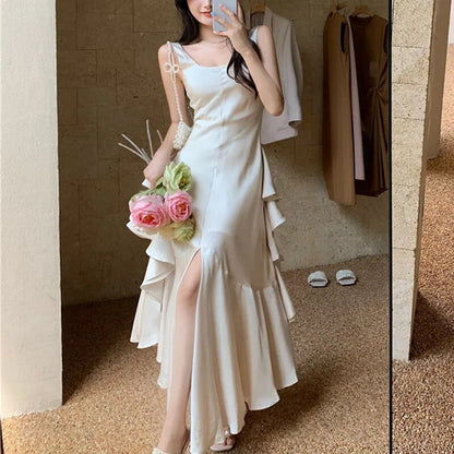 Summer Women Long Satin Dress Sleeveless Sexy Backless Silk Slit Ruffle Maxi Beach robe Party dresses evening dresses