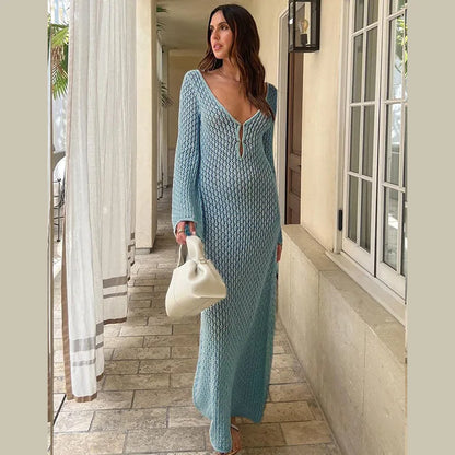 YESMYTOOL  -  Knitted Hollow Beach Cover-Ups 2024 Summer Women Sexy Soild Color Long Sleeve Sunscreen Long Dress Party Vocation Swimwear