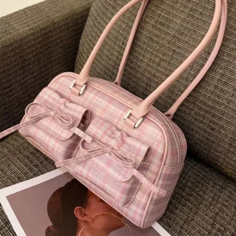 Pink Elegant Womens Shoulder Bag Plaid Bow Vintage Leather Cute Leather Handbag Casual Sweet Bow Exquisite New Armpit Bag