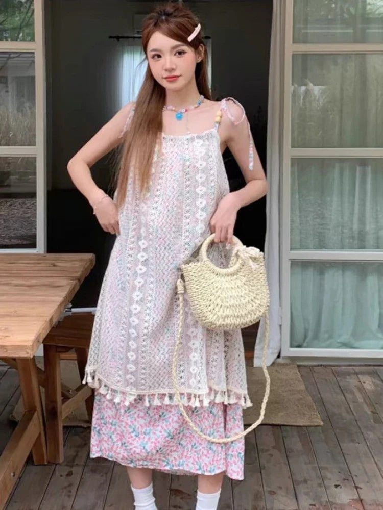 YESMYTOOL  -  Sweet Boho Dress Women Summer Holiday Lace Floral Dresses Casual Vintage Spaghetti Strap Sleeveless Sundress