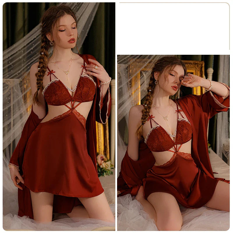 YESMYTOOL  -  Sexy Lingerie Satin Lace V-neck Women's Pajamas With Chest Pad Nightdress Robe Sleepwear Homewear Set Erotic Wedding Nightgowns