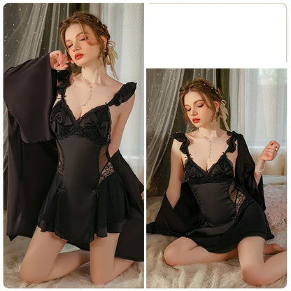 YESMYTOOL  -  Sexy Deep V Satin Lace Backless Women's Nightdress Robe Suit Tempt Nightgowns With Chest Pad Bride Maid Gress Pajama Sleepwear