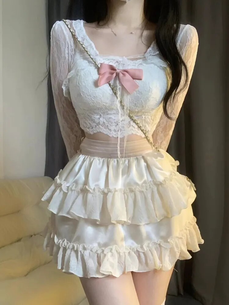 Japanese Lolita Kawaii 3 Piece Set Women Lace Sweet Party Cake Skirt Suit Female Bow Elegant Hight Waist Skirts Suit Summer