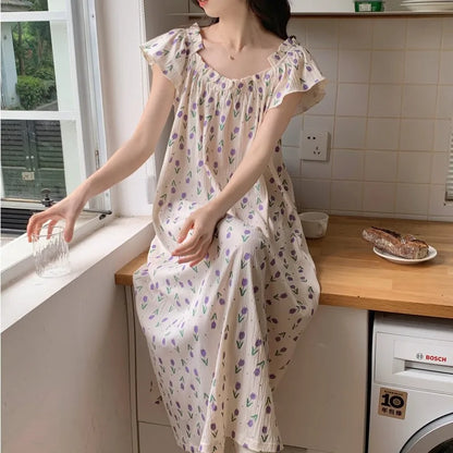 YESMYTOOL  -  Causal Pure Cotton Maxi Dress With Bra Pad Puff Sleeve Flora Print Loose Vestidos Women Chic Summer Holiday Sundress Robe Girls