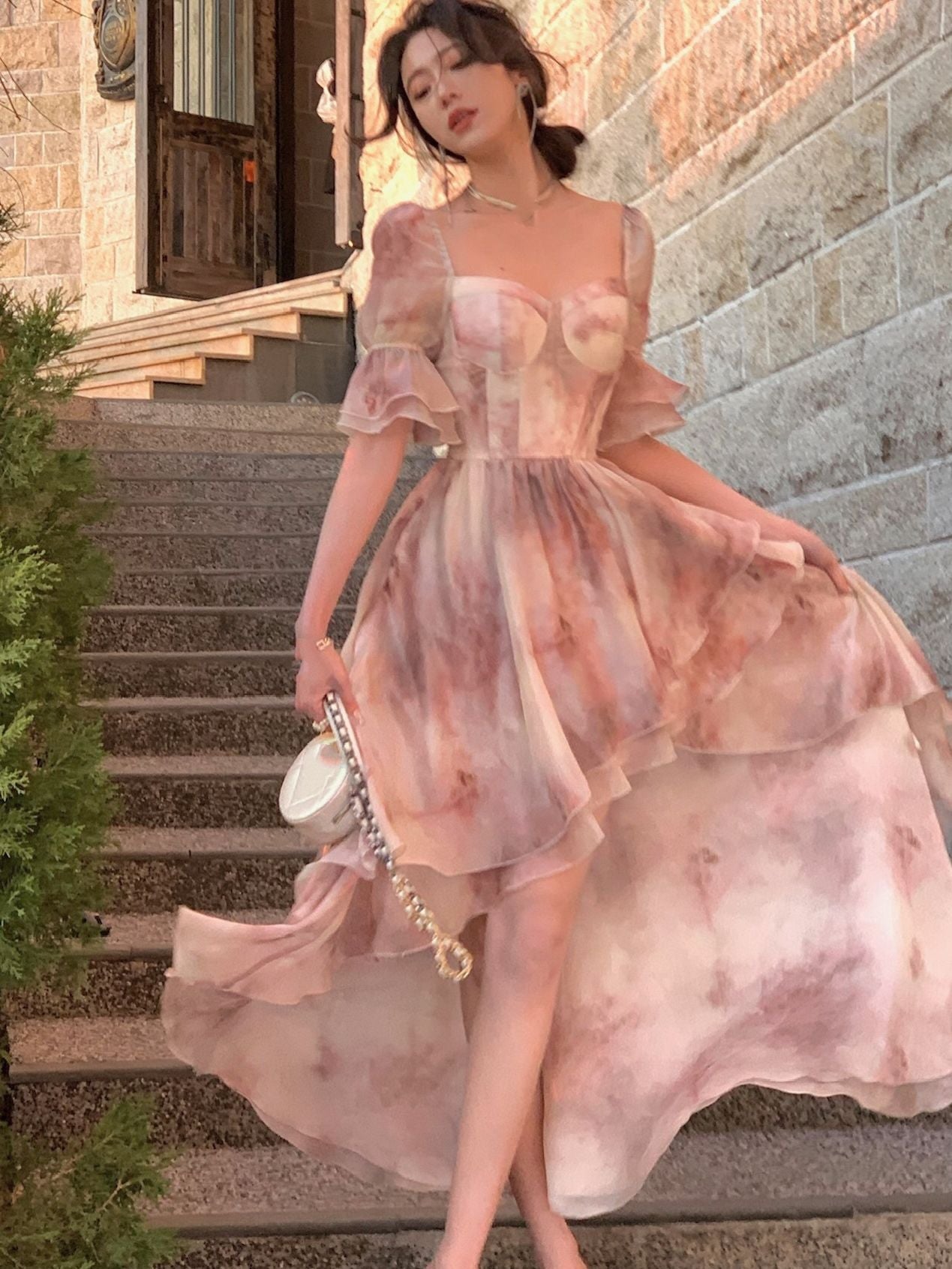 Women Summer New Elegent Ruffles Princess Party Prom Print Dress Female Fashion French Casual One Piece Vestidos Korean Clothes