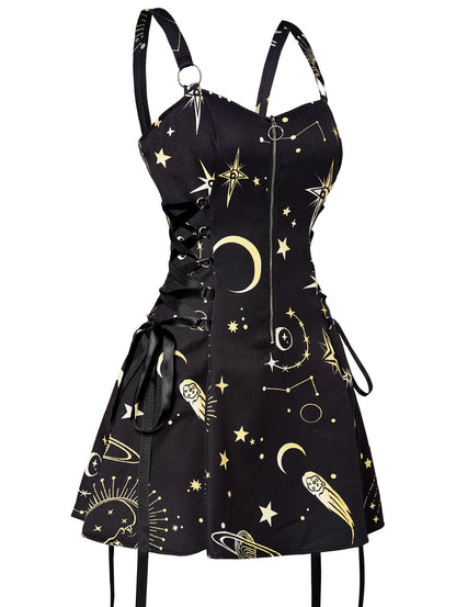 Celestial Sun Moon Print Lace Up Mini Dress Summer Gothic Women Square Neck Witchcore Vestidos