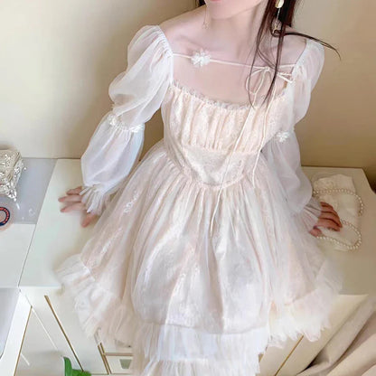 Long Sleeve Kawaii Lolita Dress Women Casual Vintage Mini Dress Female Japanese Fairy Aesthetic Style One Piece Dress