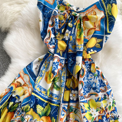 Summer dress women Fashion Runway Long Dresses Vacation Elegant sexy Strap Lemon print runway women dress